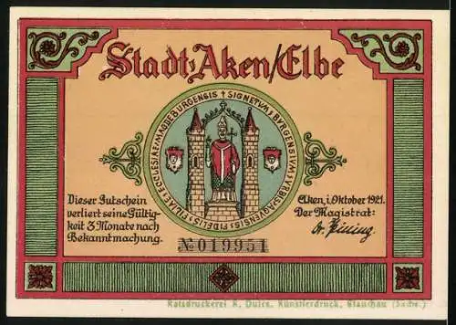 Notgeld Aken / Elbe, 1921, 50 Pfennig, Cöthener Tor und Elbtor, Stadtwappen, rot-grün gestaltet