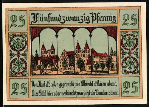 Notgeld Aken / Elbe, 1921, 75 Pfennig, Stadtansicht und Stadtwappen