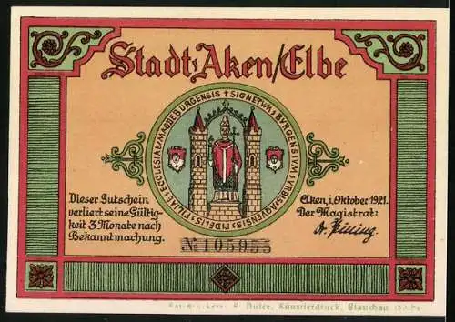 Notgeld Aken / Elbe, 1921, 75 Pfennig, Stadtansicht und Stadtwappen