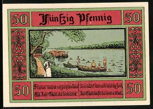 Notgeld Aken / Elbe, 1921, 50 Pfennig, Illustration von Badenden am Fluss, Stadtwappen und Text auf der Rückseite