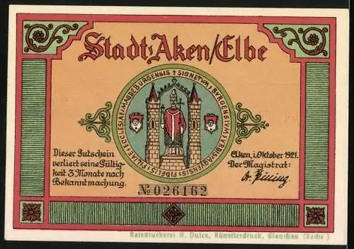 Notgeld Aken / Elbe, 1921, 50 Pfennig, Illustration von Badenden am Fluss, Stadtwappen und Text auf der Rückseite