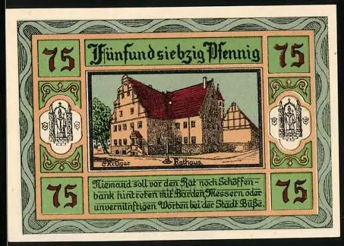 Notgeld Aken / Elbe, 1921, 75 Pfennig, mit Abbildung des Rathauses und Stadtwappen, Text über Strafe