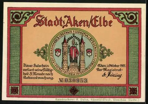 Notgeld Aken / Elbe, 1921, 75 Pfennig, mit Abbildung des Rathauses und Stadtwappen, Text über Strafe