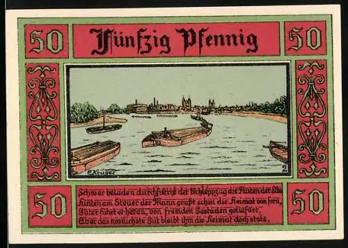 Notgeld Aken / Elbe, 1921, 50 Pfennig, Stadtansicht mit Fluss und Booten, Gültigkeit 3 Monate, Nr. 01936