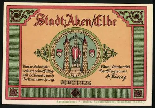 Notgeld Aken / Elbe, 1921, 50 Pfennig, Stadtansicht mit Fluss und Booten, Gültigkeit 3 Monate, Nr. 01936