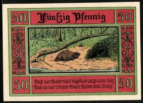 Notgeld Aken / Elbe, 1921, 50 Pfennig, Biber im Wald und Stadtsiegel