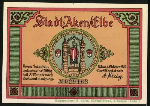 Notgeld Aken / Elbe, 1921, 50 Pfennig, Biber im Wald und Stadtsiegel