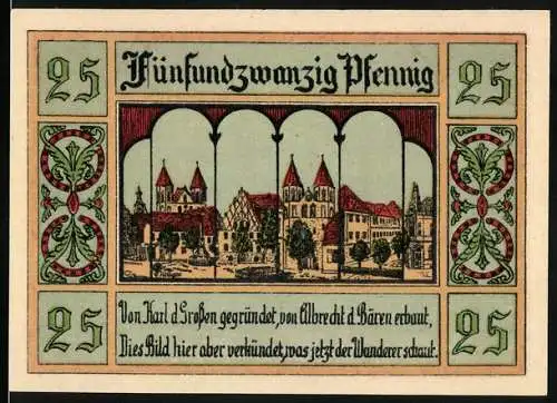 Notgeld Aken / Elbe, 1921, 25 Pfennig, Stadtansicht und Stadtwappen