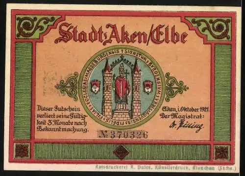 Notgeld Aken / Elbe, 1921, 50 Pfennig, Biber am grünen Holz, Stadtwappen und Text