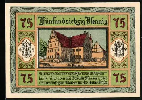 Notgeld Aken / Elbe, 1921, 75 Pfennig, Rathaus und Stadtwappen, Gültigkeit 3 Monate nach Bekanntmachung