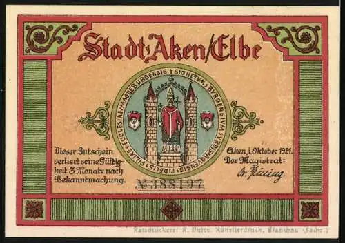 Notgeld Aken / Elbe, 1921, 75 Pfennig, Rathaus und Stadtwappen, Gültigkeit 3 Monate nach Bekanntmachung