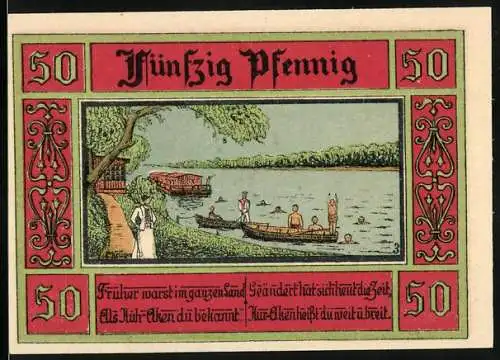 Notgeld Aken / Elbe, 1921, 50 Pfennig, Badegäste am Fluss, Stadtwappen und Türme, Seriennummer X 60290