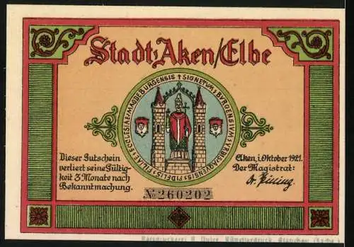 Notgeld Aken / Elbe, 1921, 50 Pfennig, Badegäste am Fluss, Stadtwappen und Türme, Seriennummer X 60290