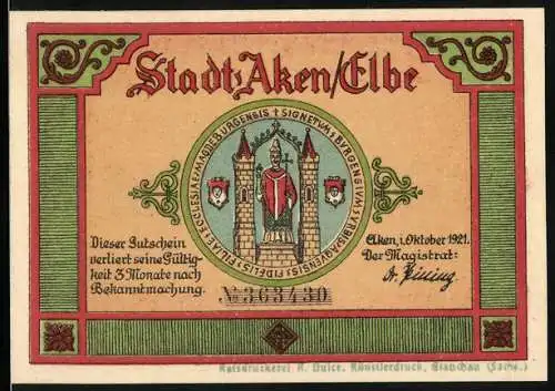 Notgeld Aken / Elbe 1921, 50 Pfennig, Stadtwappen mit Stadttor und Biber am Fluss im Wald