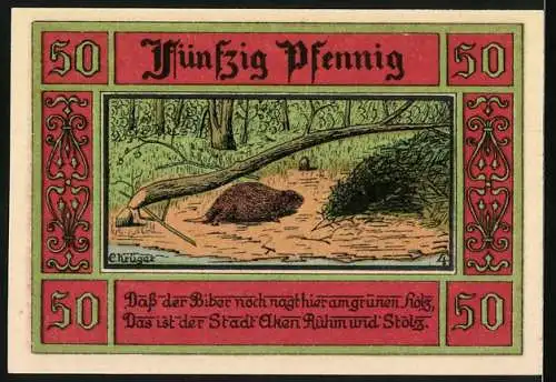 Notgeld Aken / Elbe 1921, 50 Pfennig, Stadtwappen mit Stadttor und Biber am Fluss im Wald