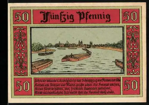 Notgeld Aken / Elbe 1921, 50 Pfennig, Bootsverkehr auf der Elbe und Stadtwappen