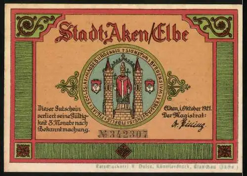 Notgeld Aken / Elbe 1921, 50 Pfennig, Bootsverkehr auf der Elbe und Stadtwappen