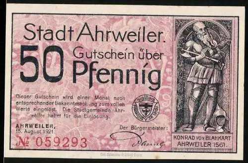 Notgeld Ahrweiler, 1921, 50 Pfennig, Konrad von Blankart und Stadtansicht