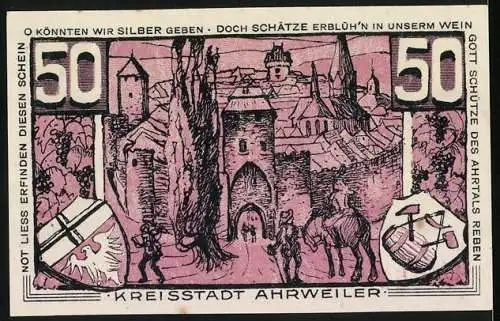 Notgeld Ahrweiler, 1921, 50 Pfennig, Konrad von Blankart und Stadtansicht