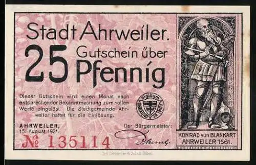 Notgeld Ahrweiler, 1921, 25 Pfennig, Darstellung von Konrad von Blankart und Weinbau-Szene