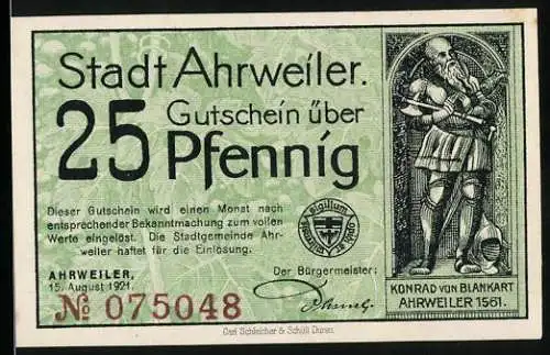 Notgeld Ahrweiler 1921, 25 Pfennig, Stadtansicht mit Wappen