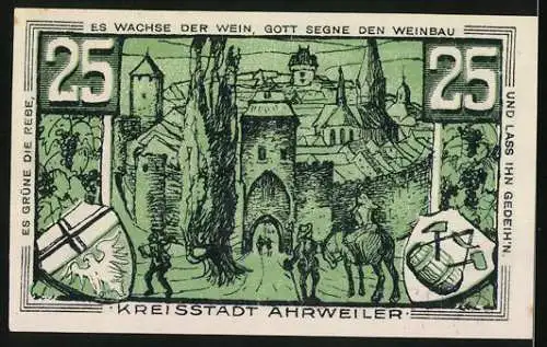 Notgeld Ahrweiler 1921, 25 Pfennig, Stadtansicht mit Wappen