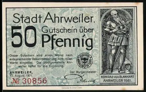 Notgeld Ahrweiler, 1921, 50 Pfennig, Darstellung von Konrad von Blankart und Stadtszene