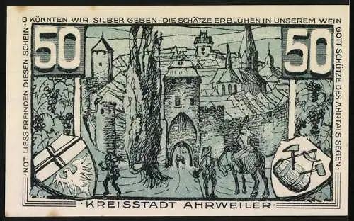 Notgeld Ahrweiler, 1921, 50 Pfennig, Darstellung von Konrad von Blankart und Stadtszene