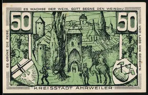 Notgeld Ahrweiler, 1921, 50 Pfennig, Darstellung einer Stadtansicht mit Reben und Ritter Konrad von Blankart