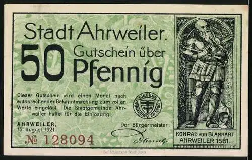Notgeld Ahrweiler, 1921, 50 Pfennig, Darstellung einer Stadtansicht mit Reben und Ritter Konrad von Blankart