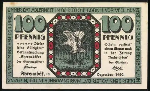 Notgeld Ahrensbök, 1920, 100 Pfennig, Landschaft und Adler, Gebrüder Borchers GmbH, Lübeck