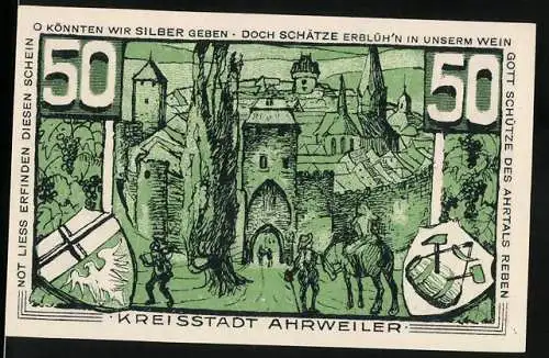 Notgeld Ahrweiler, 1921, 50 Pfennig, historische Stadtansicht und Ritter Konrad von Blankart