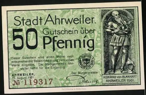 Notgeld Ahrweiler, 1921, 50 Pfennig, historische Stadtansicht und Ritter Konrad von Blankart