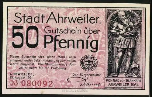 Notgeld Ahrweiler, 1921, 50 Pfennig, Stadtansicht und Konrad von Blankart