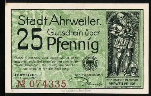 Notgeld Ahrweiler 1921, 25 Pfennig, Darstellung von Konrad von Blankart und Stadtansicht