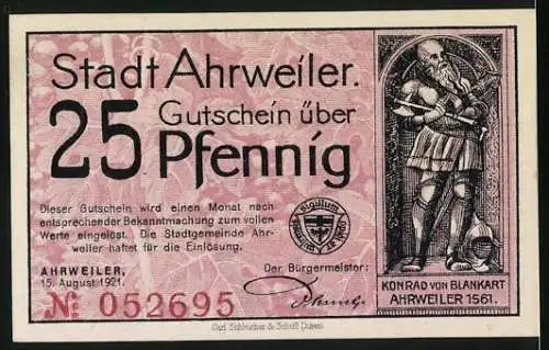 Notgeld Ahrweiler, 1921, 25 Pfennig, Stadtansicht und Konrad von Blankart