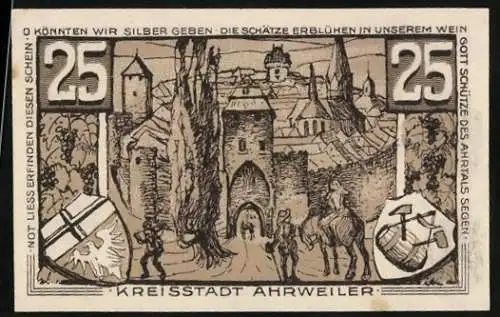 Notgeld Ahrweiler, 1921, 25 Pfennig, mittelalterliche Stadtansicht und Konrad von Blankart