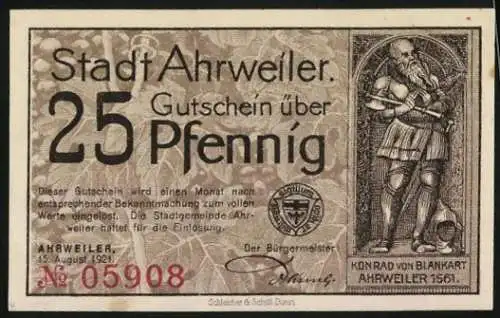 Notgeld Ahrweiler, 1921, 25 Pfennig, mittelalterliche Stadtansicht und Konrad von Blankart