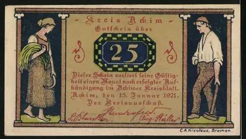 Notgeld Achim, 1921, 25 Pfennig, Landschaft mit Dorfansicht und Windmühle, Bauernpaar