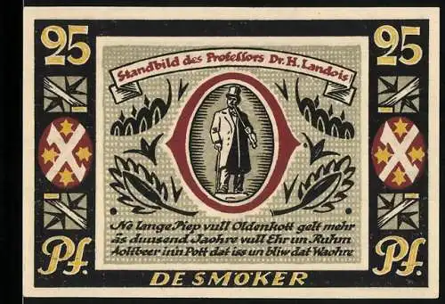 Notgeld Ahaus, 1921, 25 Pfennig, Standbild des Professors Dr. H. Landois und Stadtwappen