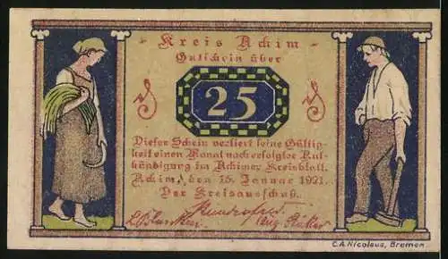 Notgeld Achim, 1921, 25 Pfennig, Landschaft und bäuerliche Darstellungen, Serie Nr. 488740