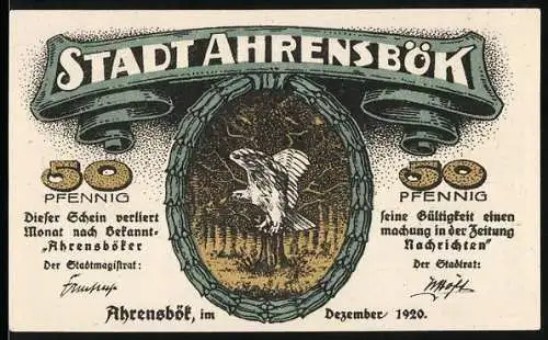 Notgeld Ahrensbök, 1920, 50 Pfennig, Stadtansicht und Spruch in Plattdeutsch