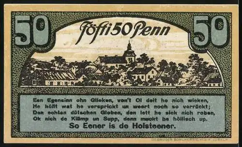 Notgeld Ahrensbök, 1920, 50 Pfennig, Stadtansicht und Spruch in Plattdeutsch