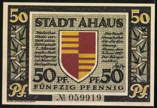 Notgeld Ahaus, 1921, 50 Pfennig, Schloss Ahaus und Stadtwappen mit Text