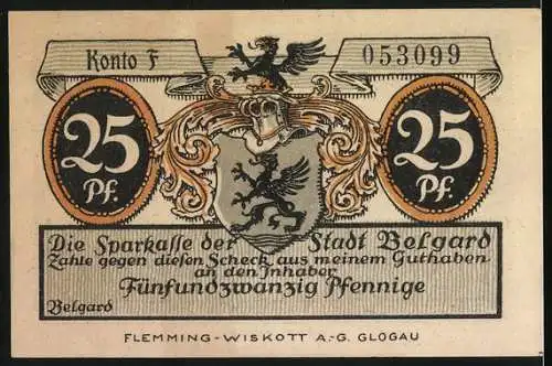 Notgeld Belgard, 1921, 25 Pfennig, Rat von Belgard weist polnische Gesandten zurück, Wappen und Wertangabe