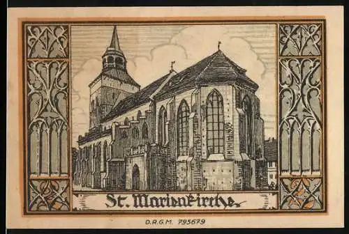 Notgeld Belgard, 2 Mark, St. Marienkirche mit Stadtwappen und Drachenmotiv