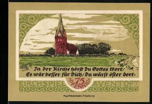 Notgeld Aventoft, 1921, 75 Pfennig, Kirche und Wappen, grün und rot