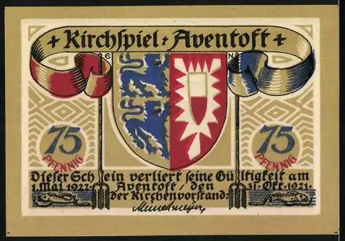 Notgeld Aventoft, 1921, 75 Pfennig, Kirche und Wappen, grün und rot