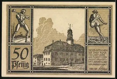 Notgeld Auma, 1921, 50 Pfennig, Wappen und Stadtansicht mit Arbeitern