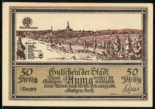 Notgeld Auma 1921, 50 Pfennig, Stadtansicht und Stadtwappen mit Adlern und Wappenornamenten